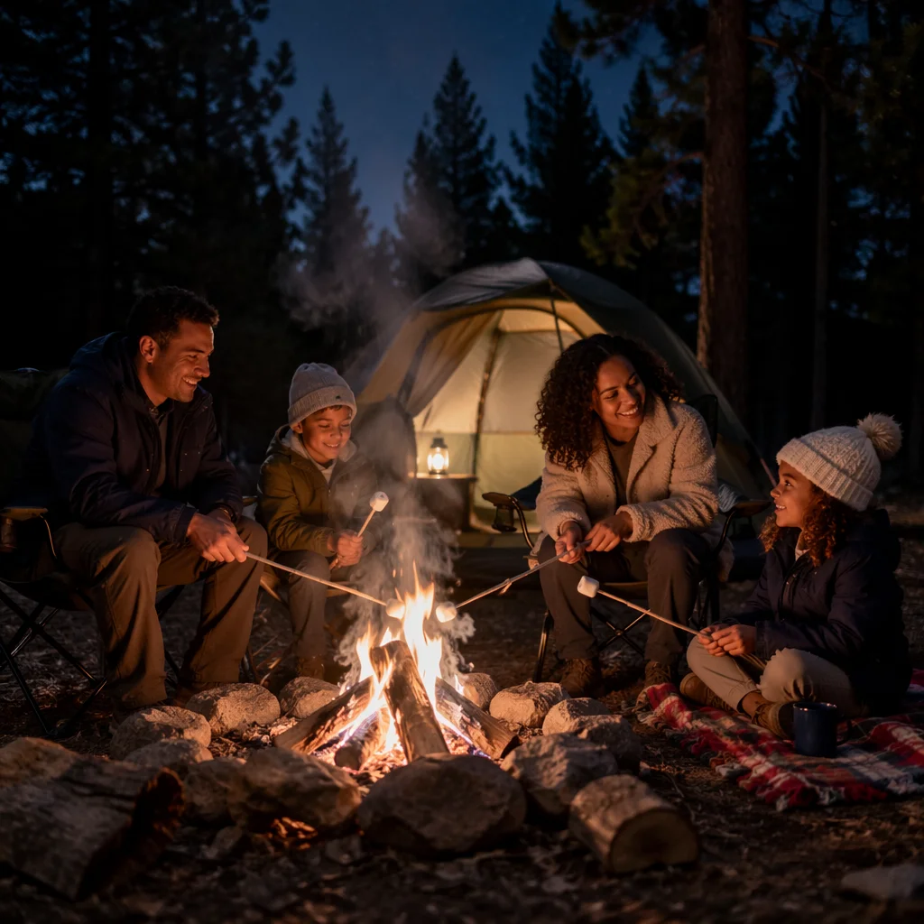 Family Roasting Marshmallows by Campfire