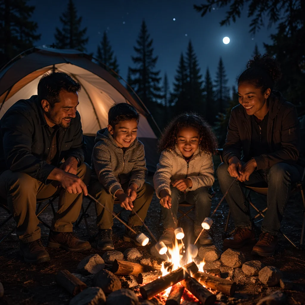 Family Camping by Tent and Campfire