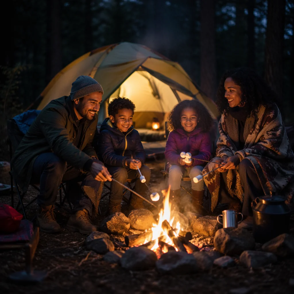 Family Camping by Tent and Campfire