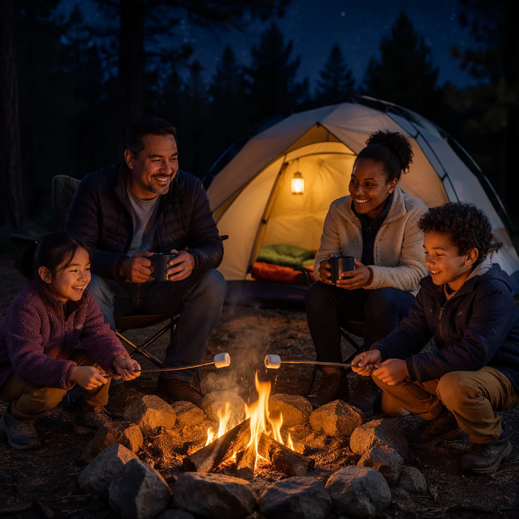 Family Camping by Campfire at Night