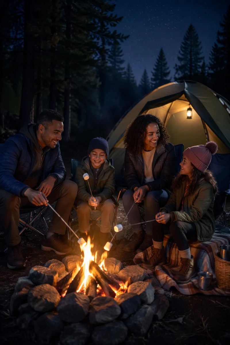 Family Camping by Campfire at Night