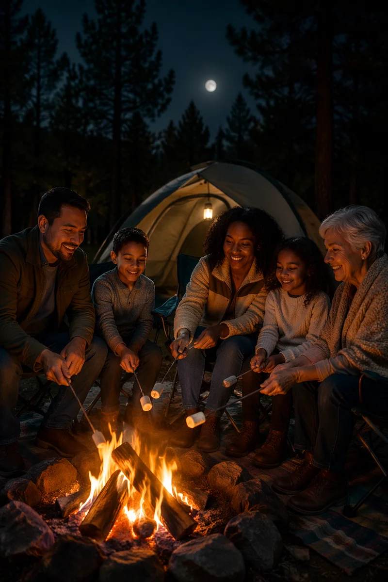 Family Roasting Marshmallows by Night Campfire