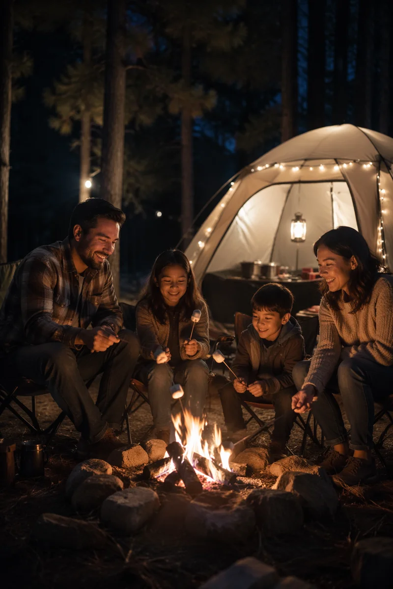 Family Roasting Marshmallows by Tent at Night