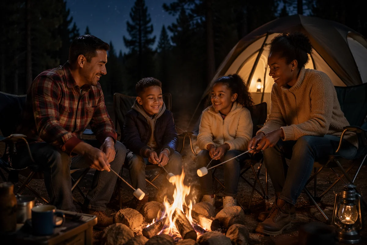 Family Roasting Marshmallows by Tent at Night