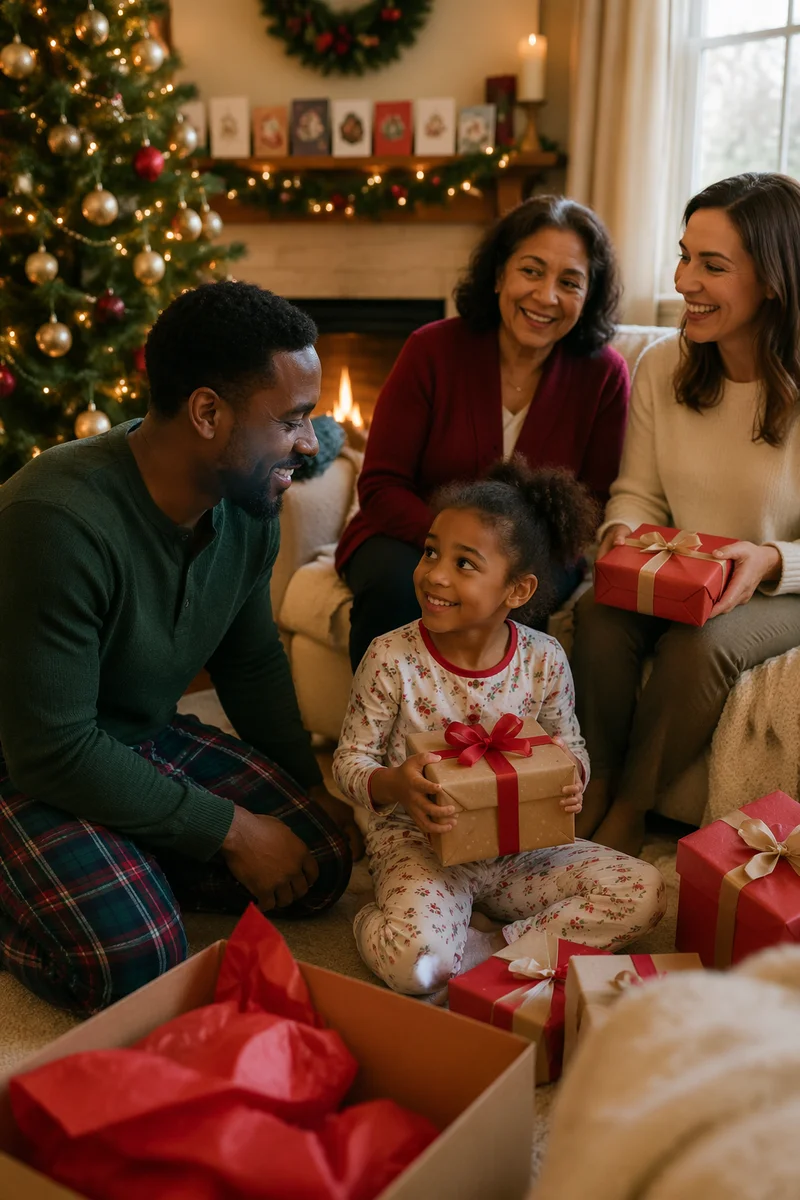 Family Opening Presents by Christmas Tree