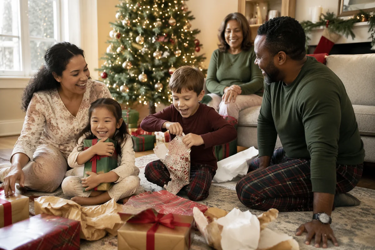 Joyful Family Opening Presents by Christmas Tree