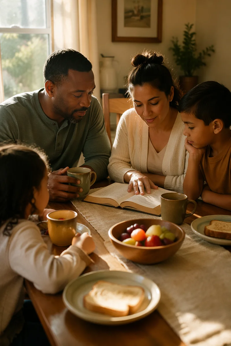 Family Around Sunlit Breakfast Table
