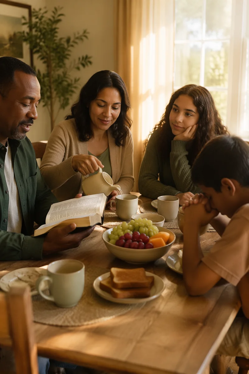 Family Breakfast Table with Open Bible