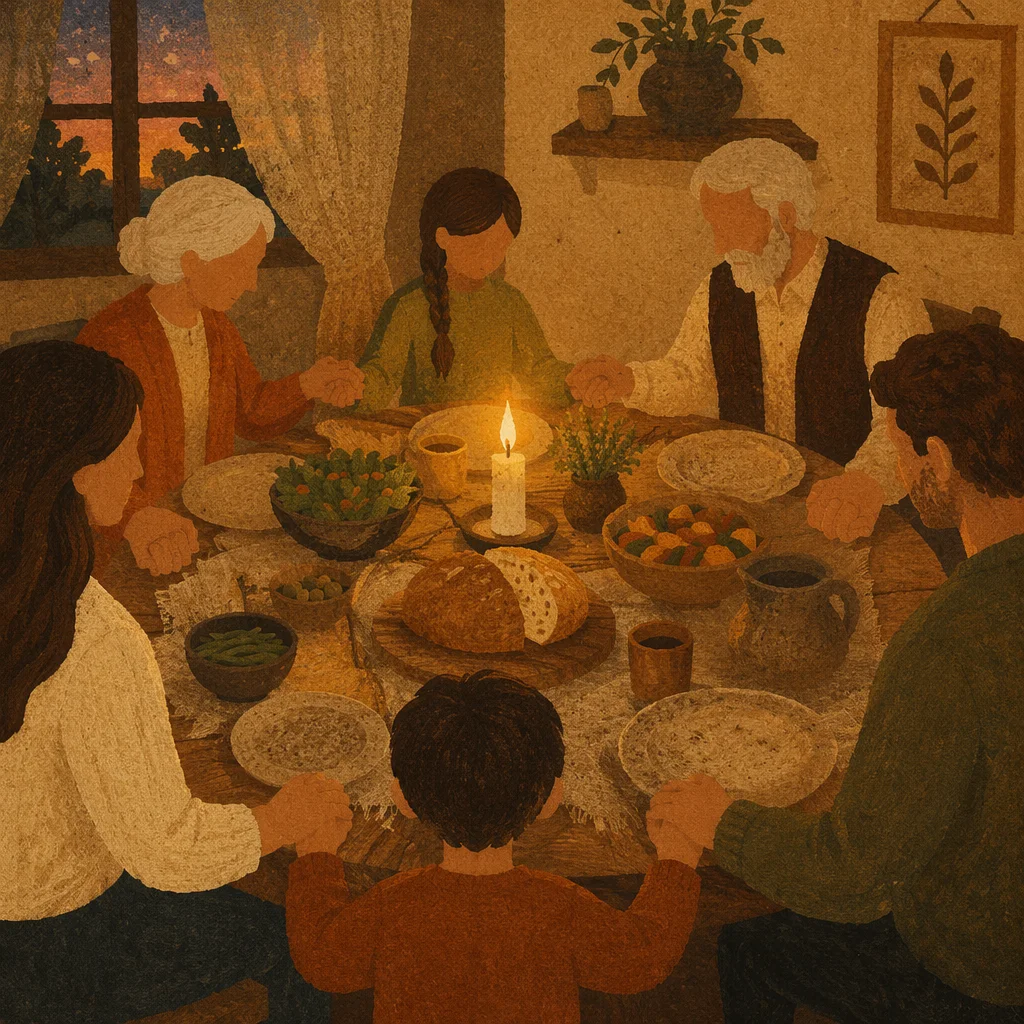 Candlelit Family Gratitude Dinner Around Rustic Table