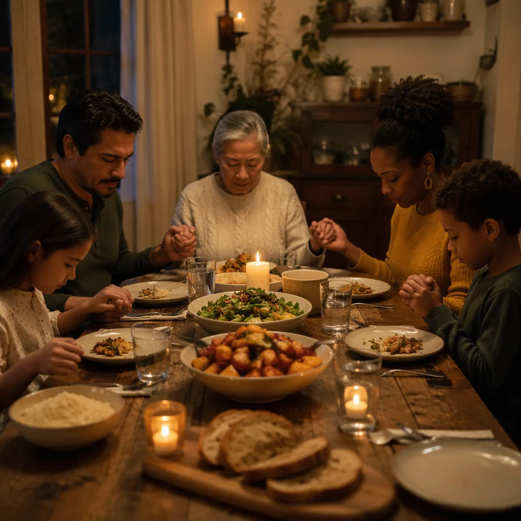 Family Holding Hands Before Candlelit Dinner