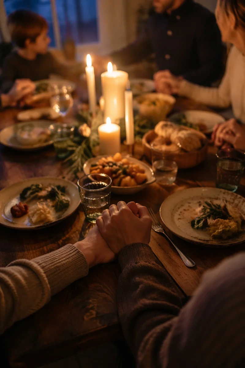 Candlelit Family Gratitude Dinner Around Rustic Table