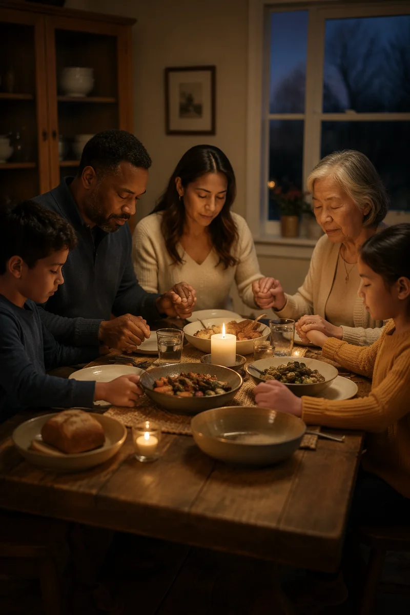 Multigenerational Family Holding Hands at Dinner