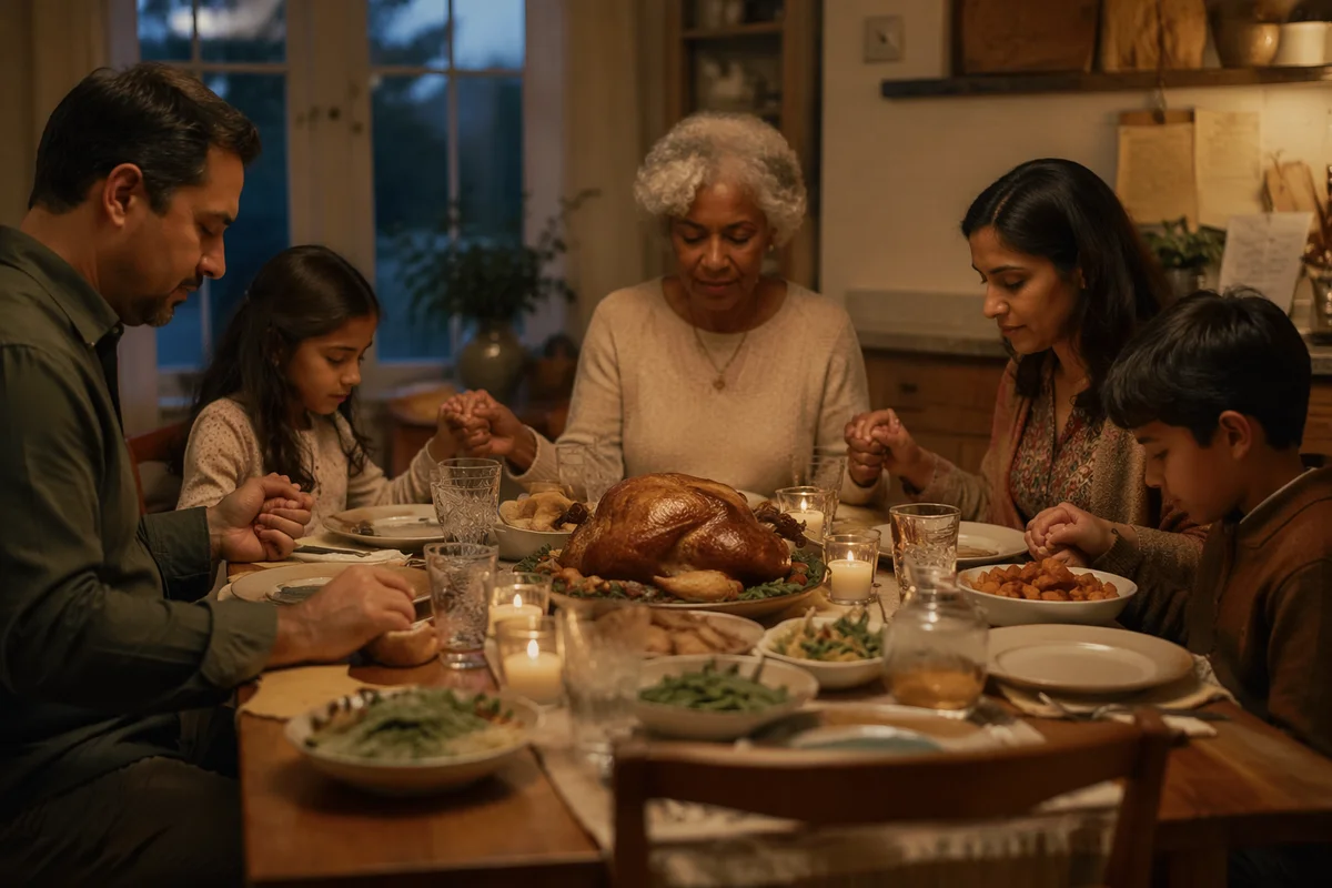 Family Giving Thanks at Candlelit Dinner