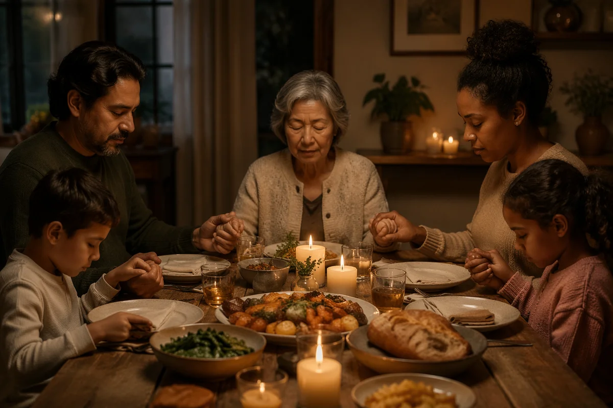 Family Holding Hands Before Candlelit Dinner