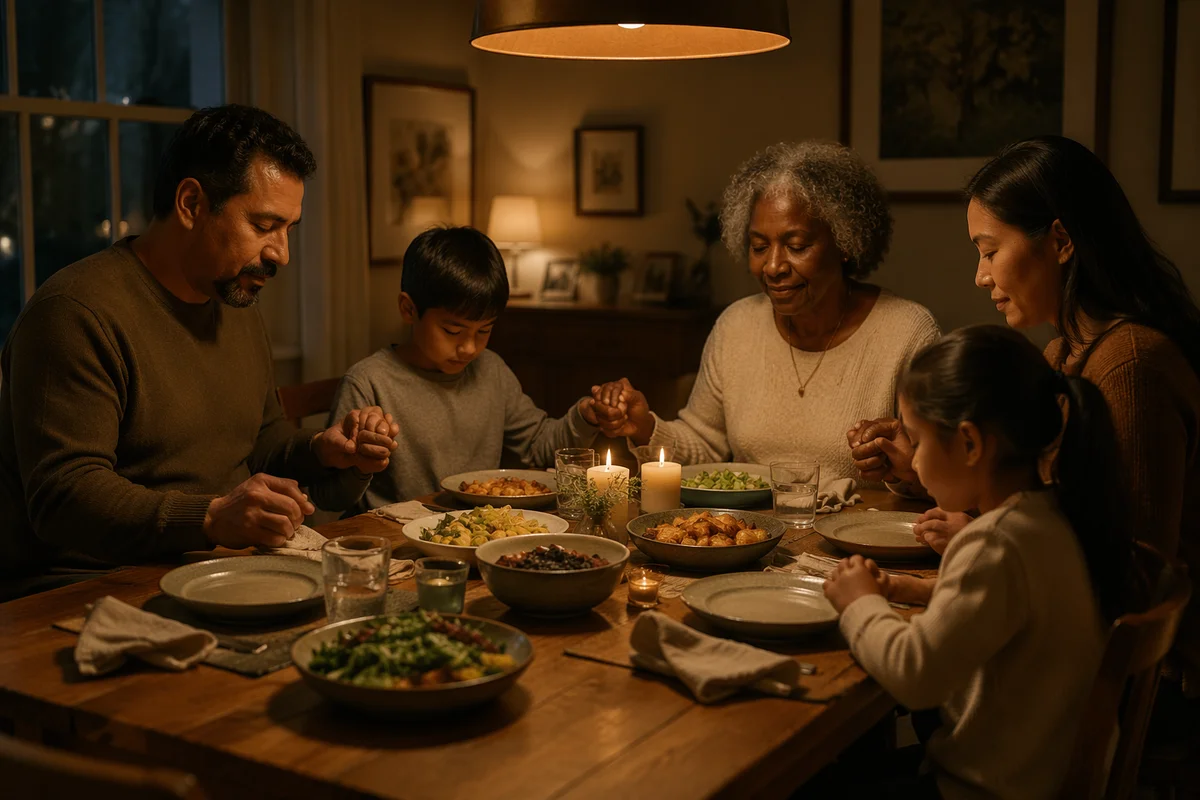 Family Holding Hands at Dinner Table