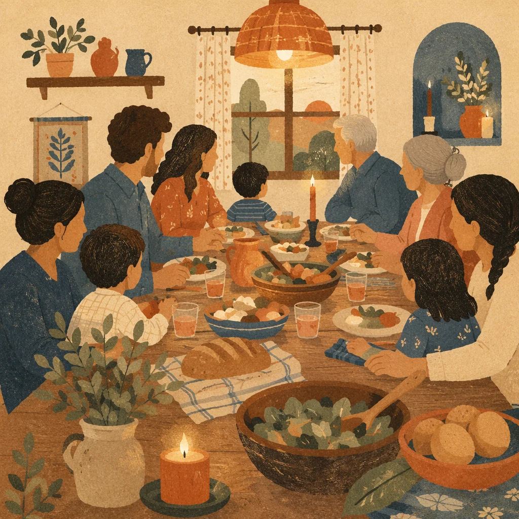 Joyful Family Dinner Around Rustic Table
