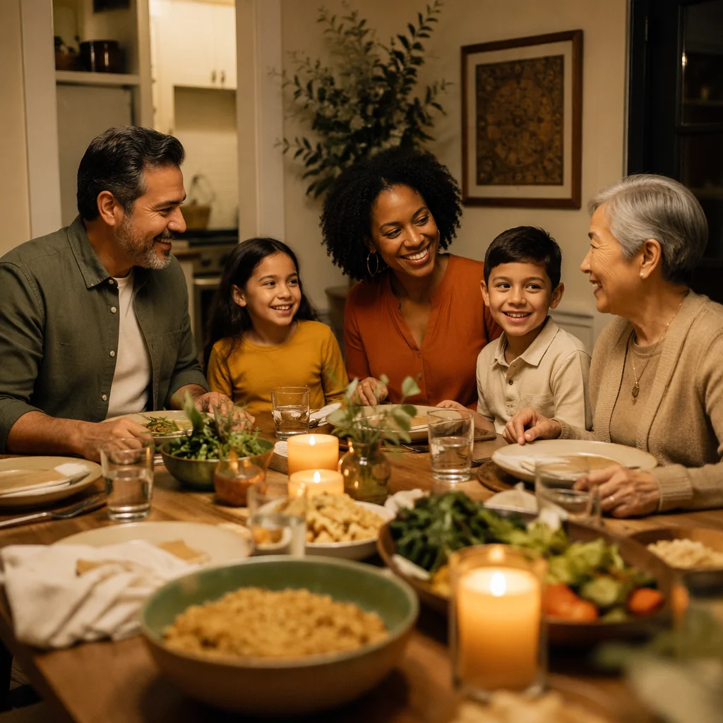 Multigenerational Family Laughing at Dinner Table