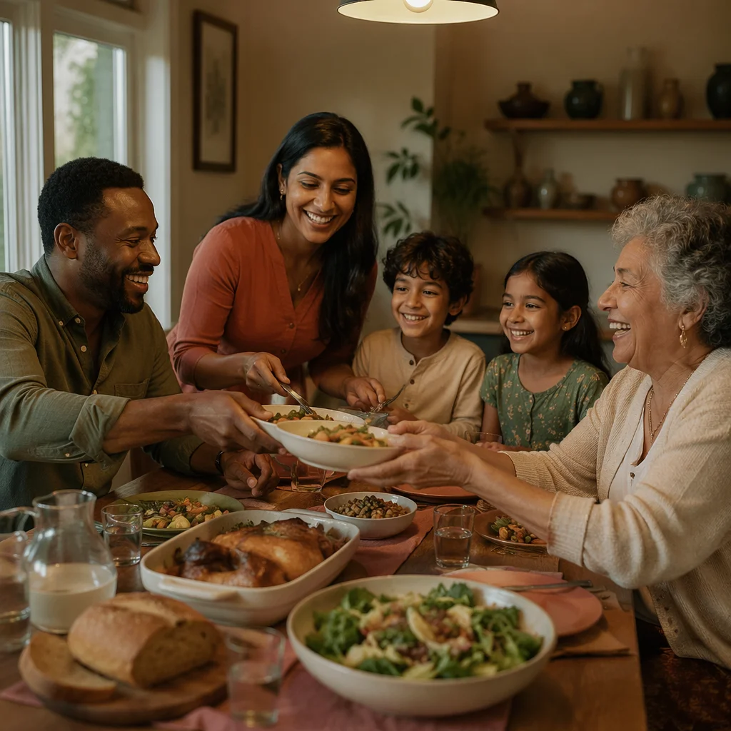 Multigenerational Family Laughing at Dinner Table