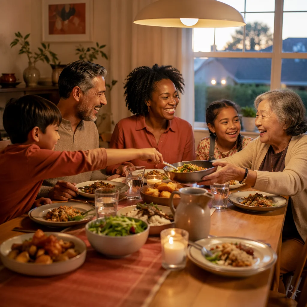 Multigenerational Family Laughing at Dinner Table