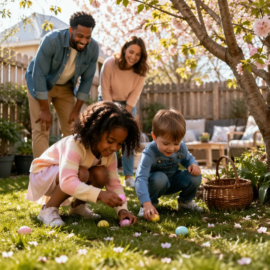 Children Hunting Easter Eggs in Backyard