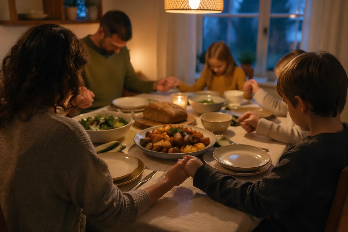 Family Grace Prayer at Cozy Dinner Table