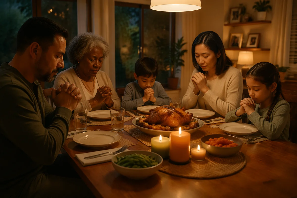 Family Praying Together Before Dinner Table