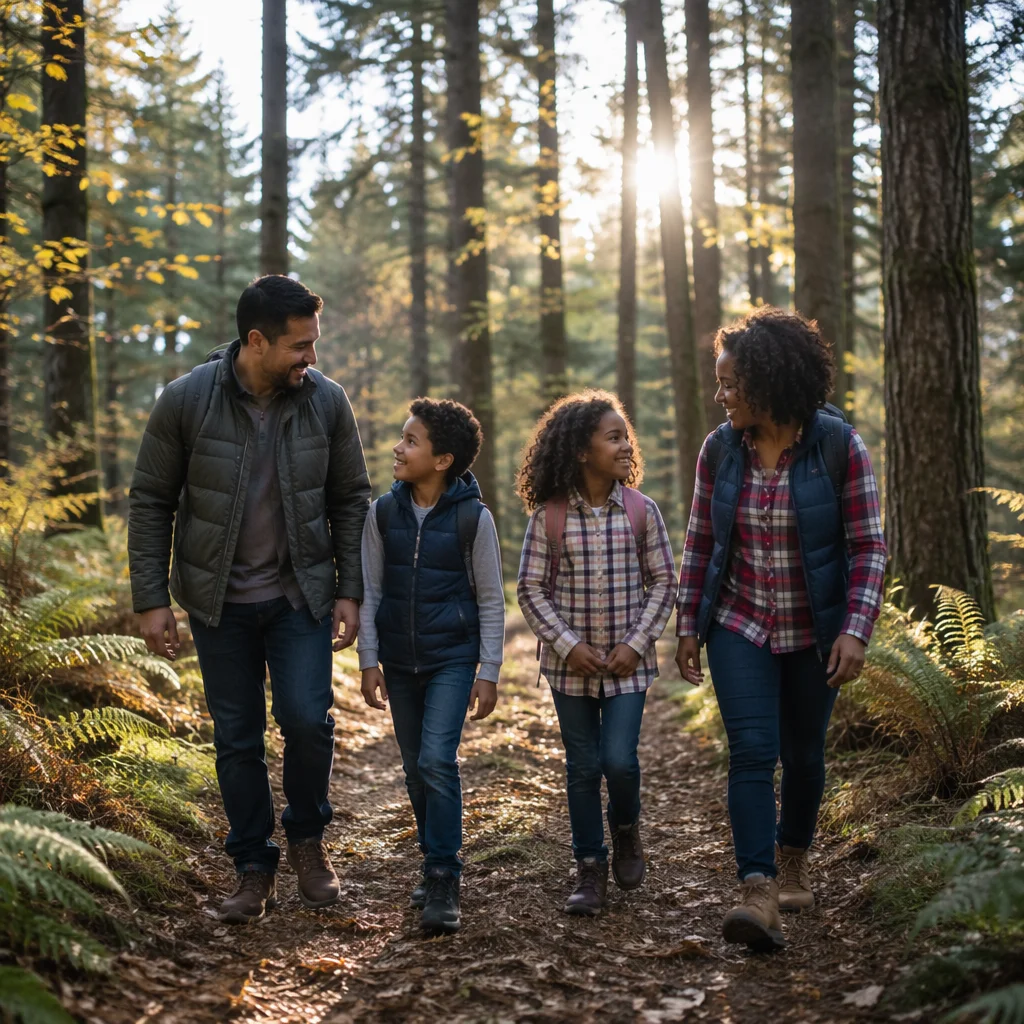 Family Hiking Forest Trail in Autumn