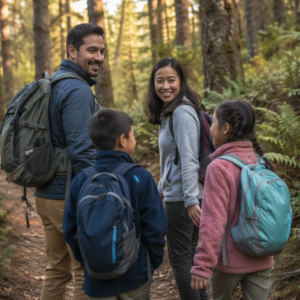 Family Hiking Forest Trail in Autumn