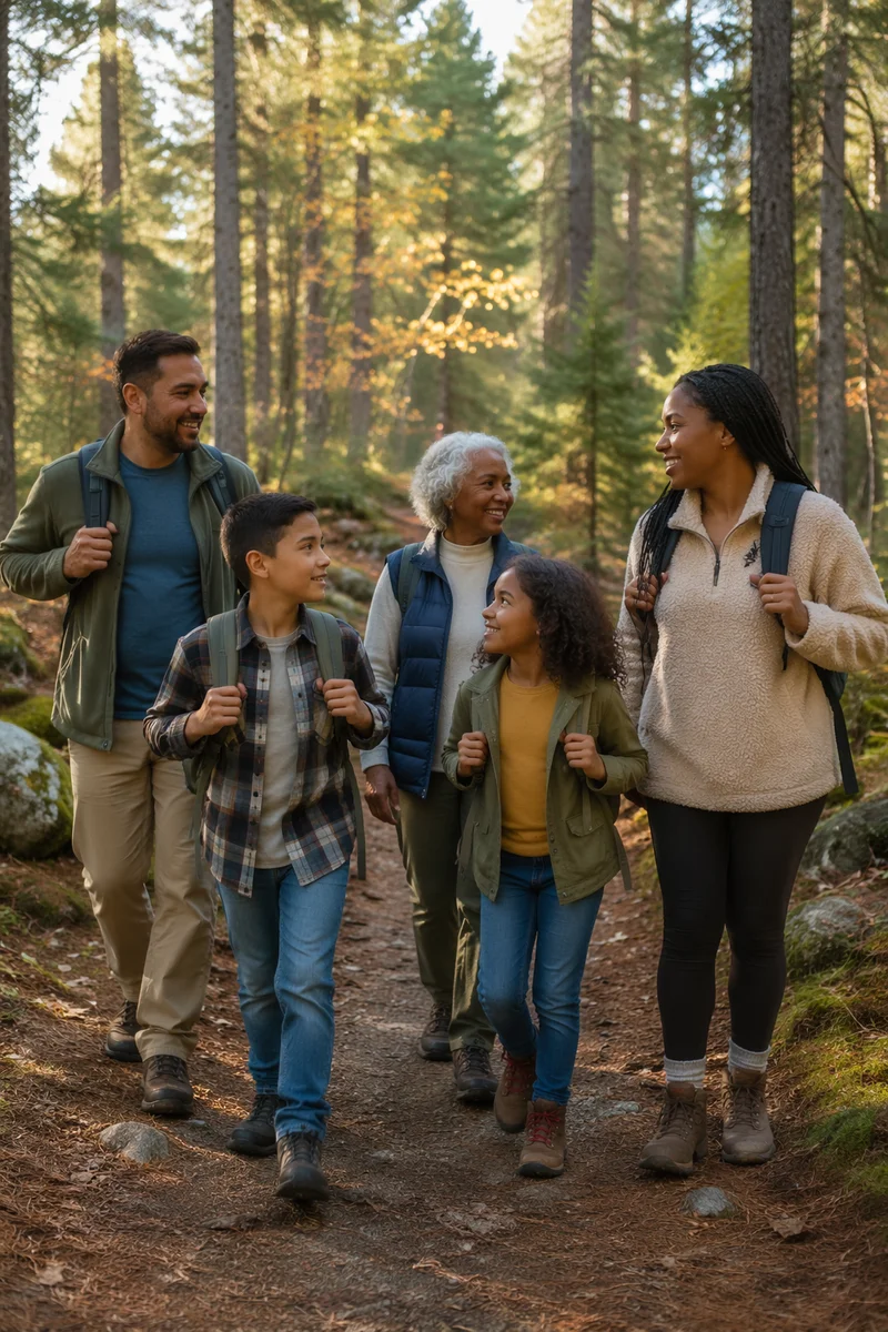 Multigenerational Family Hiking Forest Trail