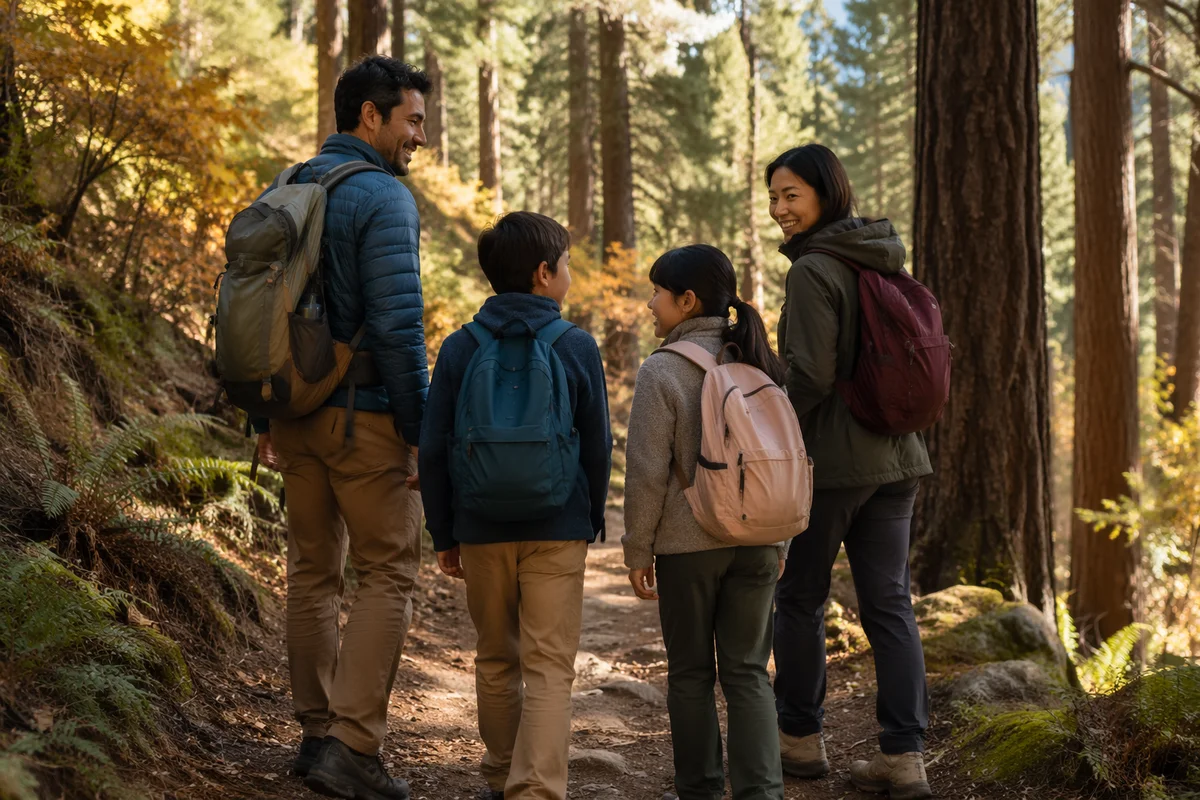 Family Hiking Forest Trail in Autumn