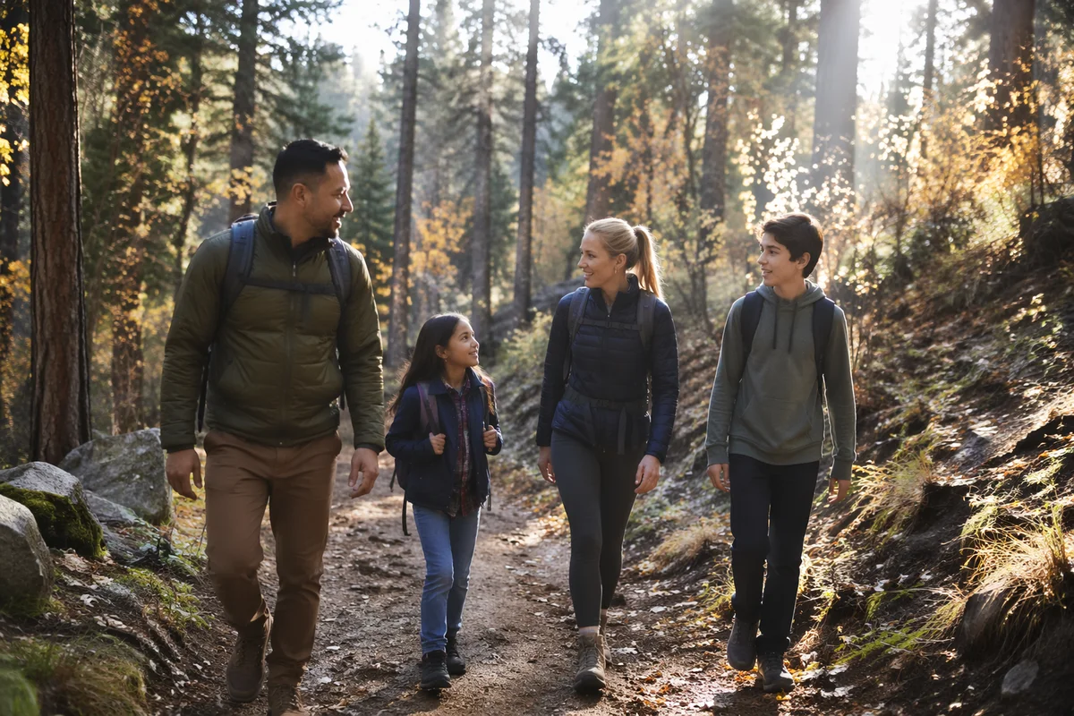 Family Hiking Forest Trail in Autumn