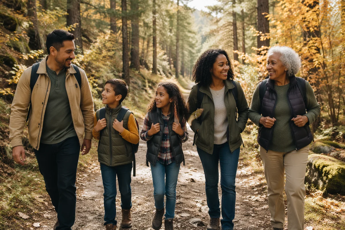 Multigenerational Family Hiking Forest Trail