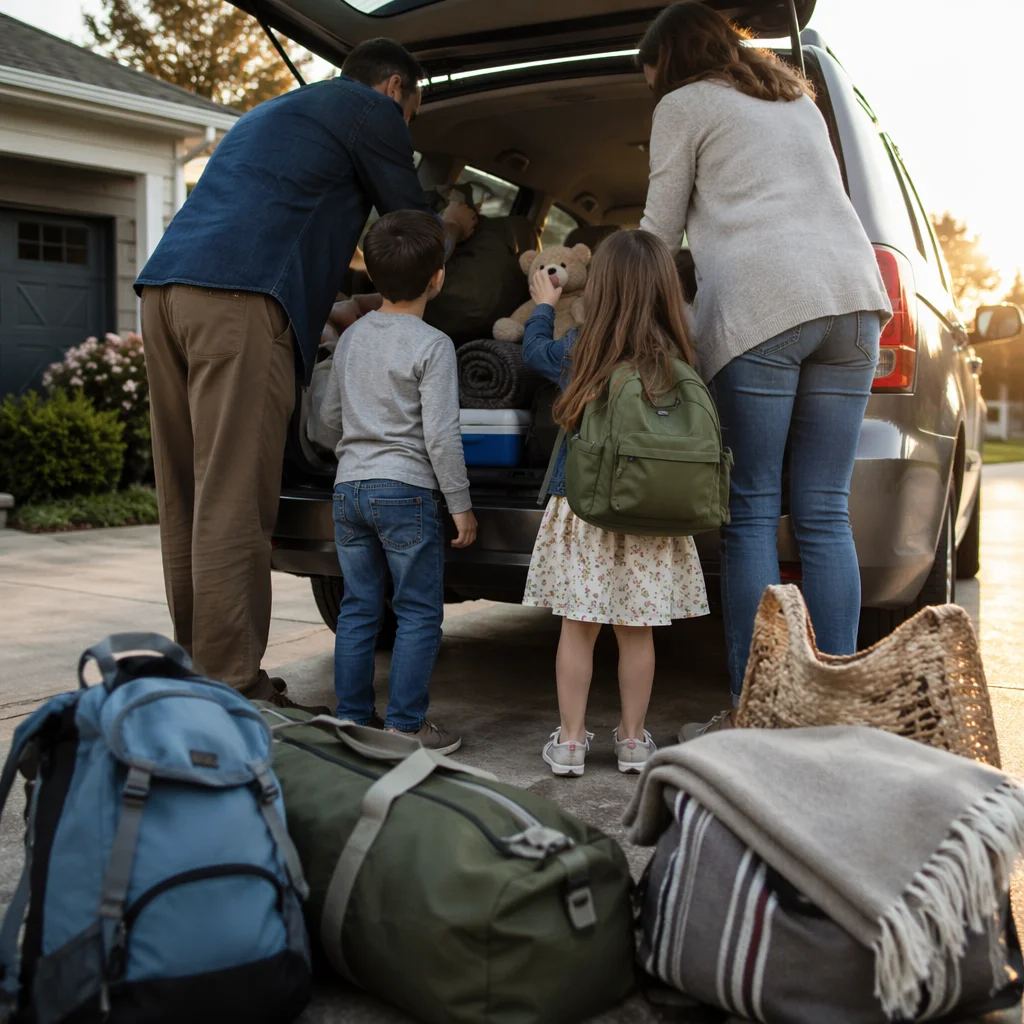 Family Loading Minivan at Sunrise