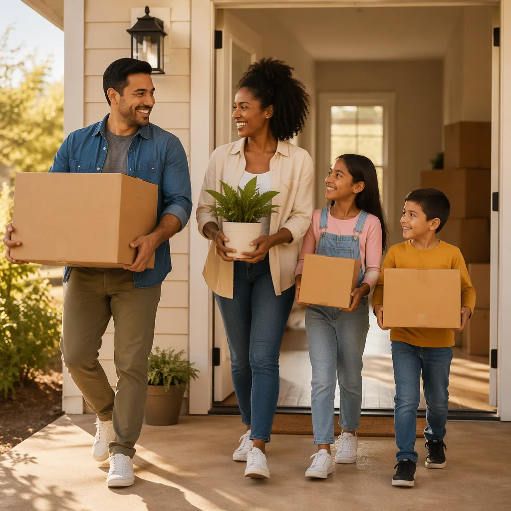 Family Carrying Boxes Into New Home