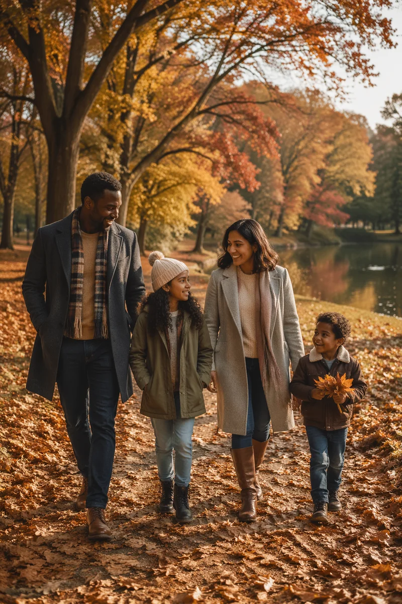 Family Walking Along Autumn Park Path