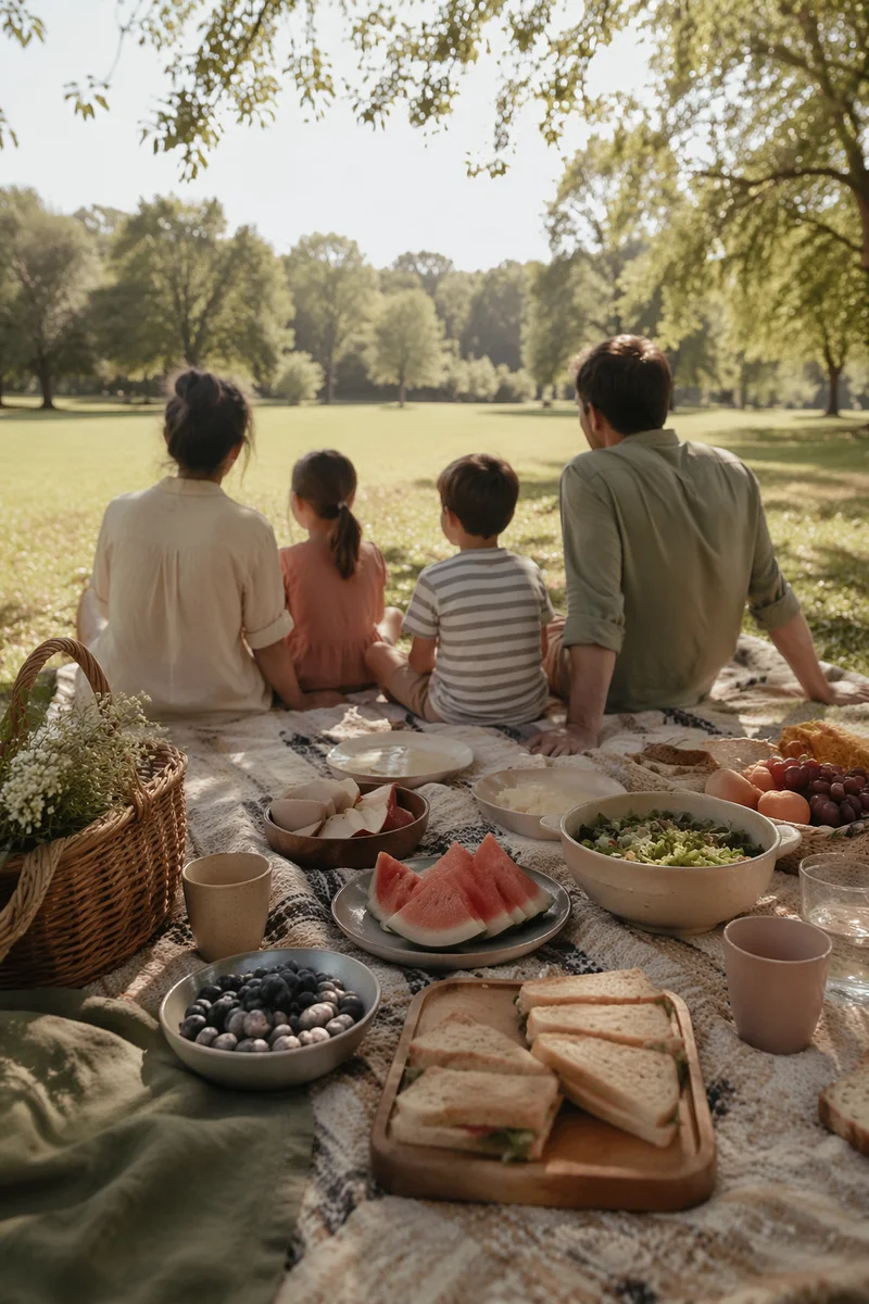 Family Picnic on Sunny Park Lawn