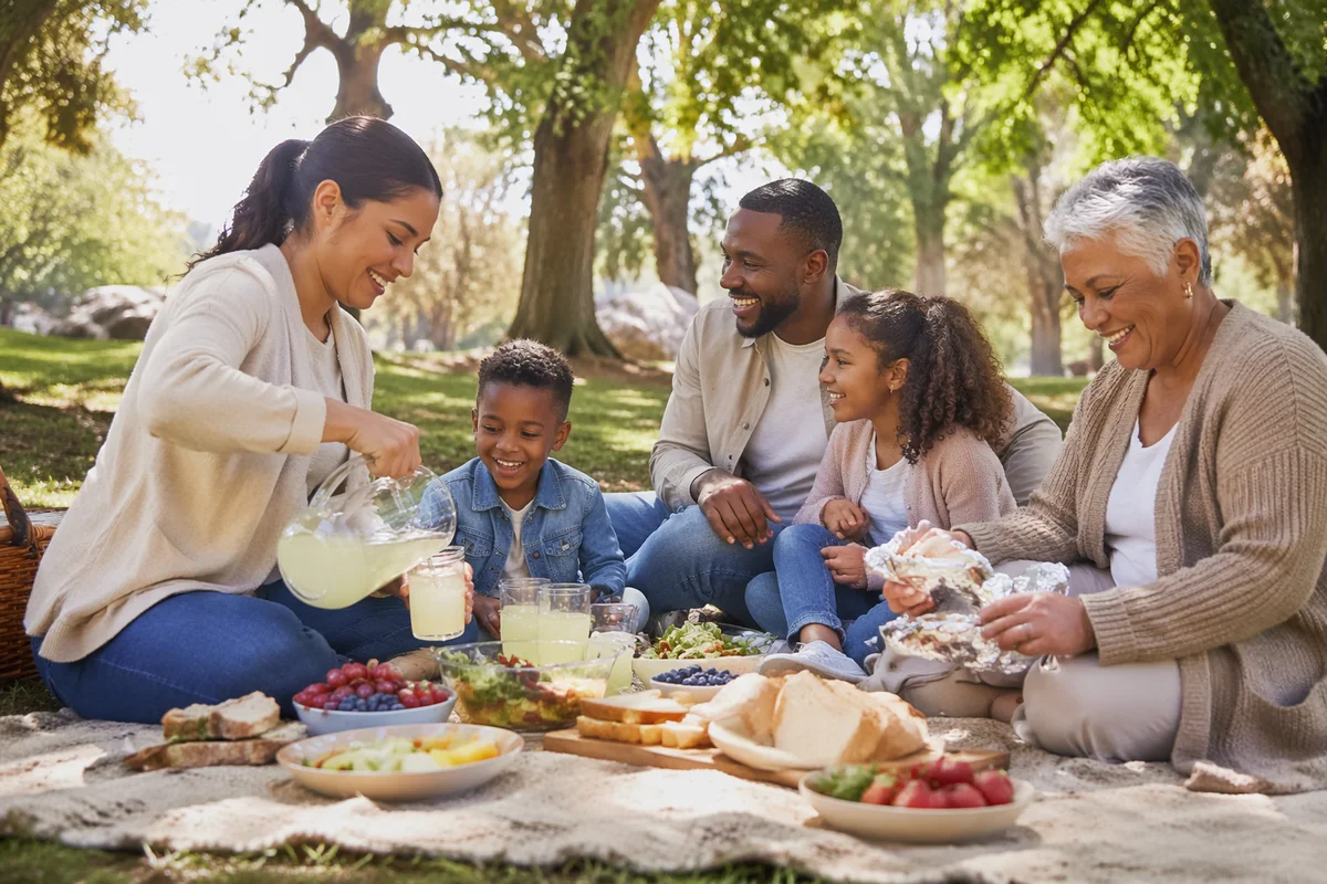 Multigenerational Family Picnic in Leafy City Park