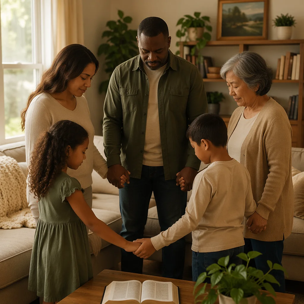 Family Holding Hands in Cozy Living Room