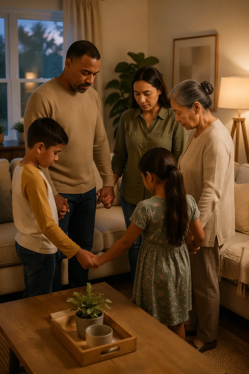 Family Holding Hands in Living Room