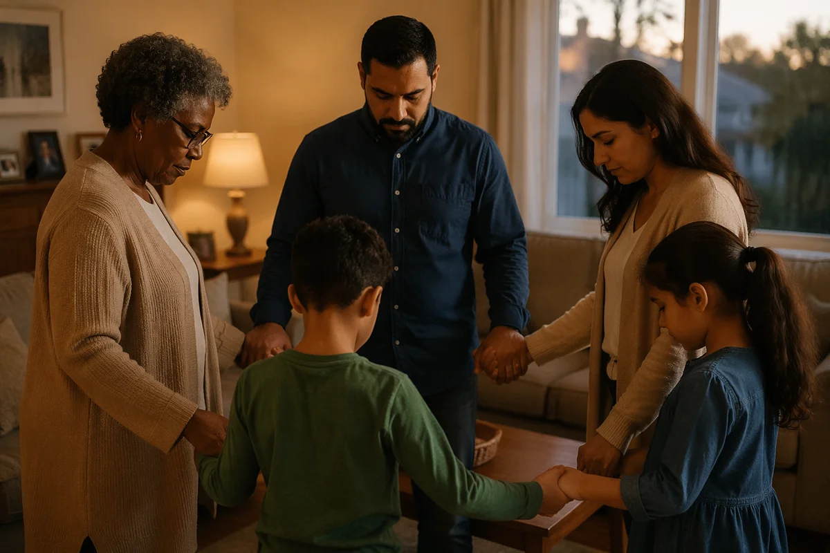 Family Holding Hands in Living Room