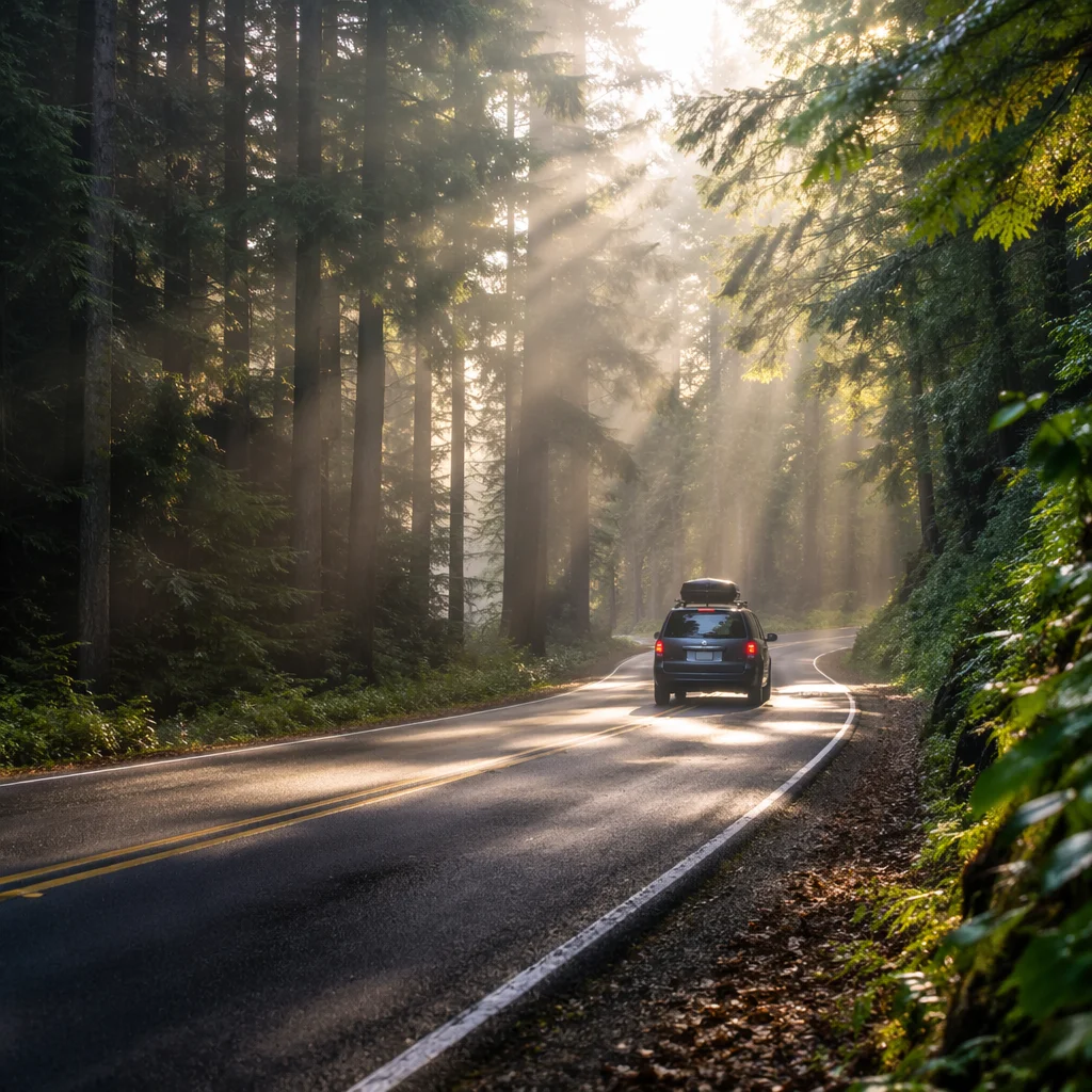 Family Road Trip Through Sunny Forest