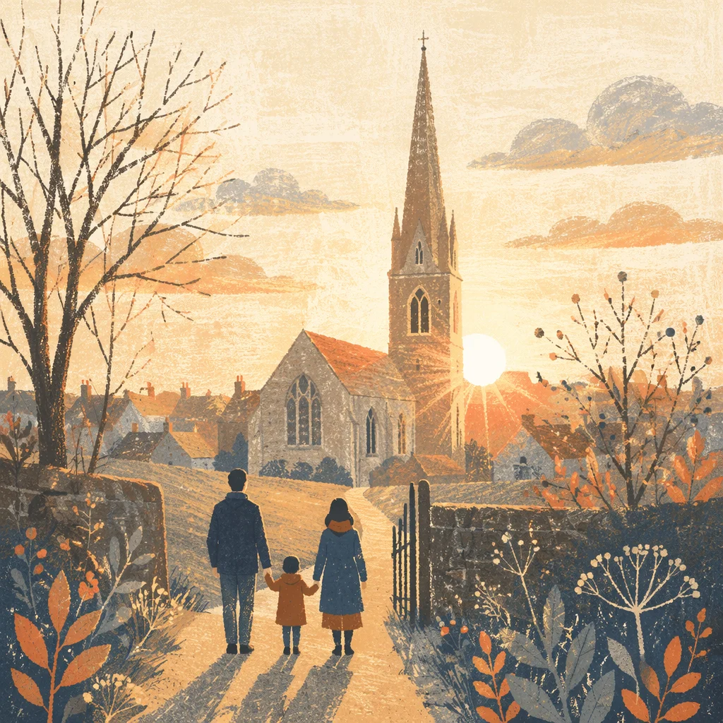 Family Walking Toward Church at Sunrise