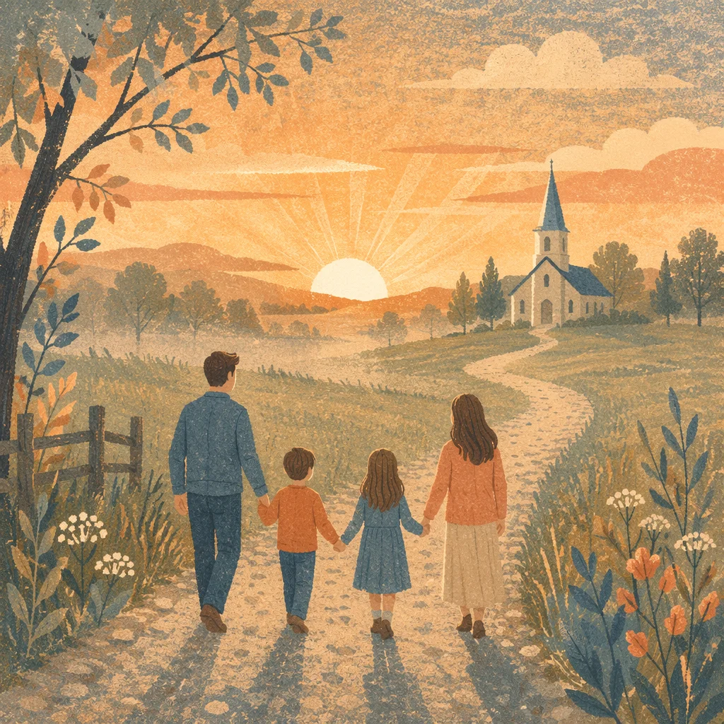 Family Silhouettes Walking to Church at Sunrise