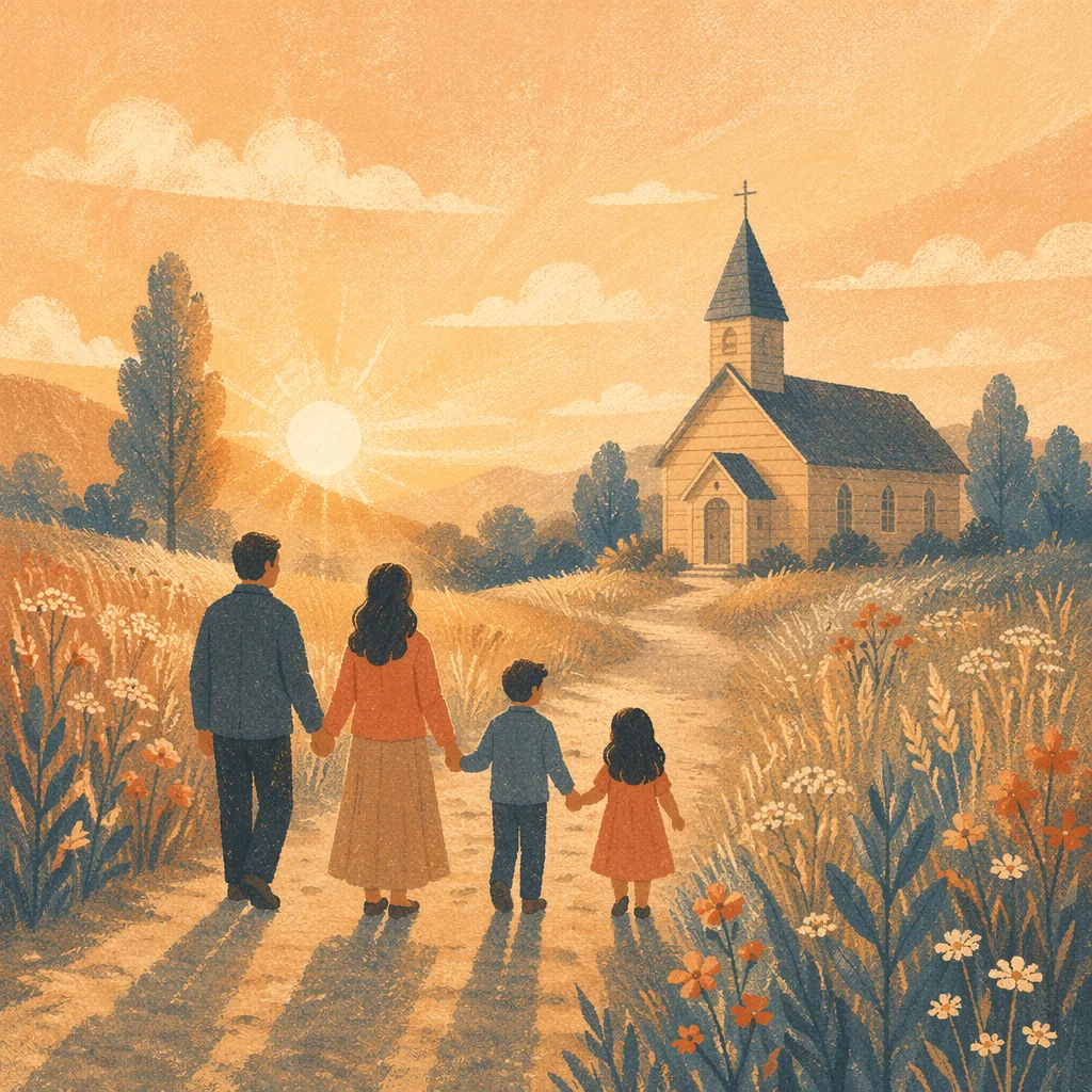 Family Walking Toward Church at Sunrise