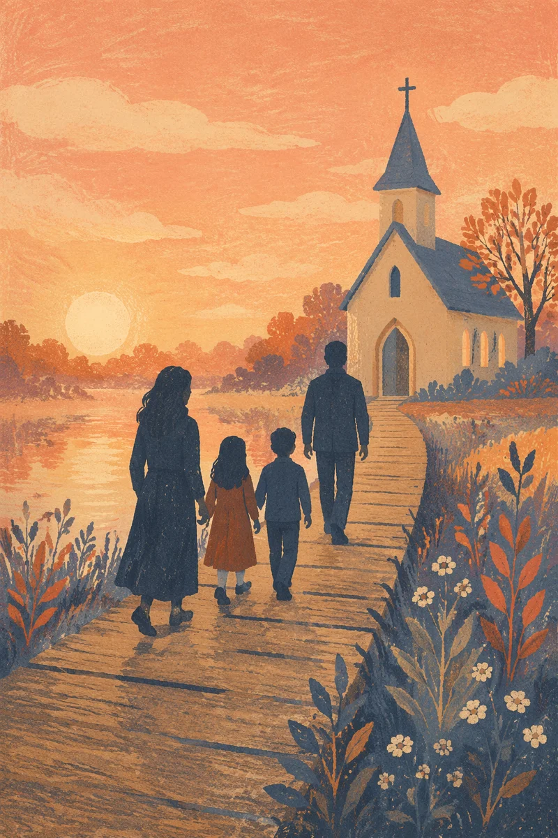 Family Silhouettes Walking Toward Church Sunrise
