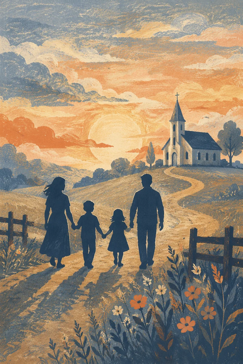 Family Silhouette Walking Toward Church Sunrise