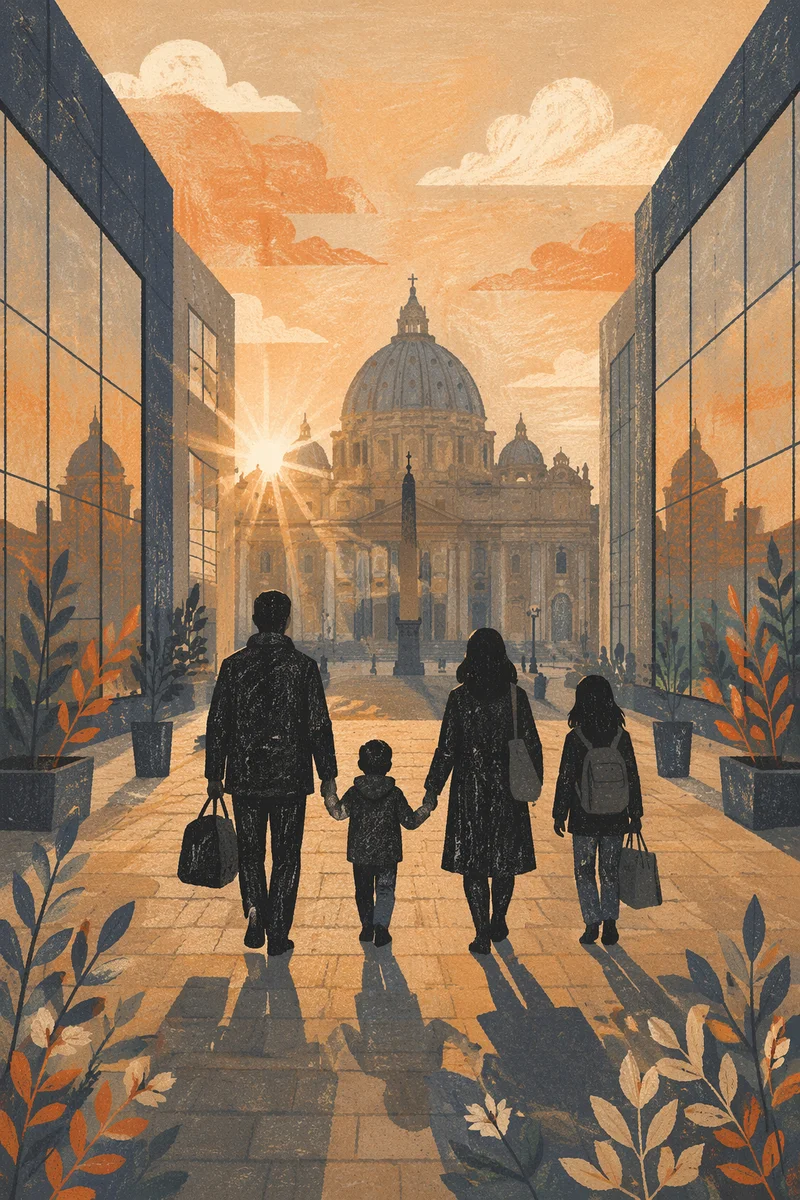 Family Silhouettes Approaching Church at Sunrise