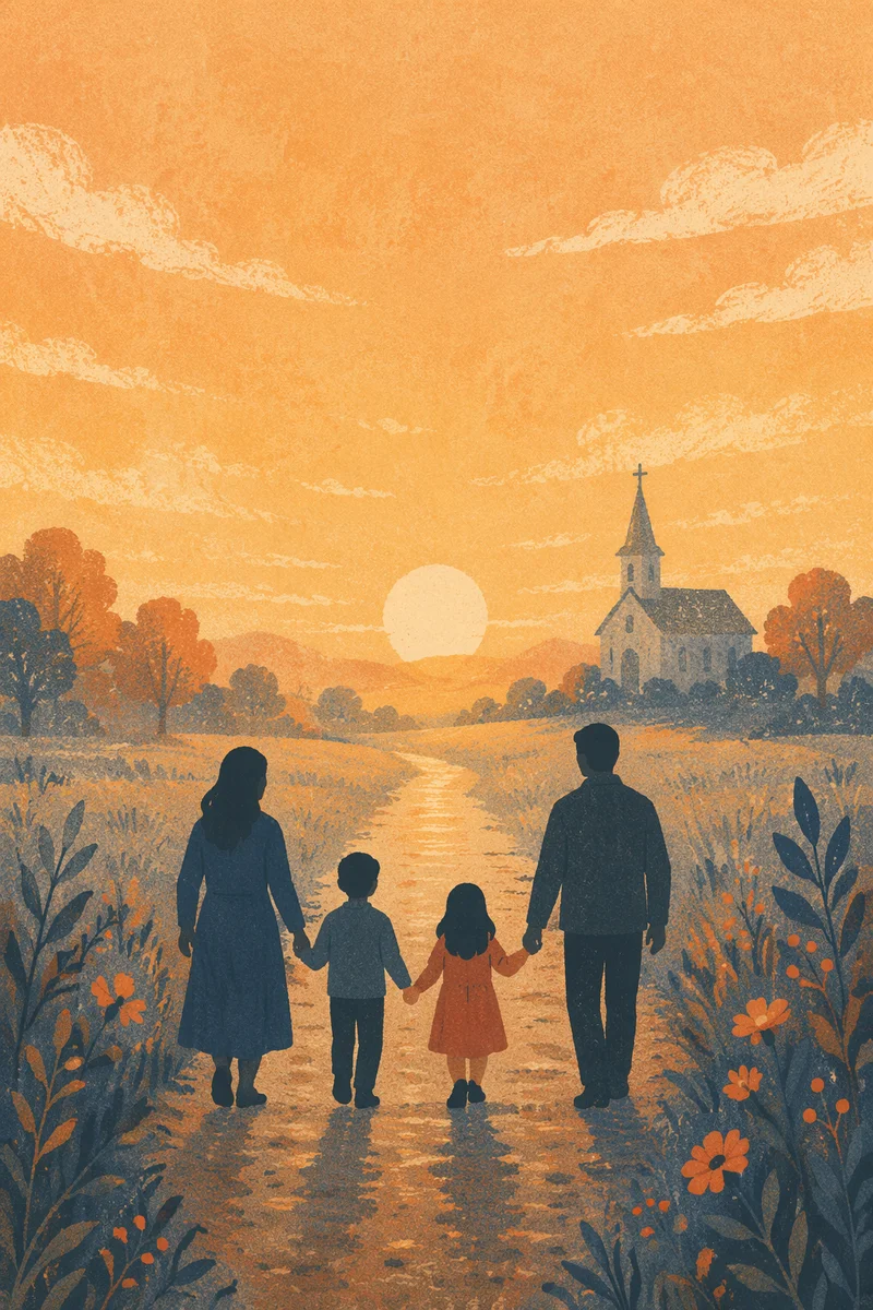 Family Silhouette Walking Toward Church Sunrise