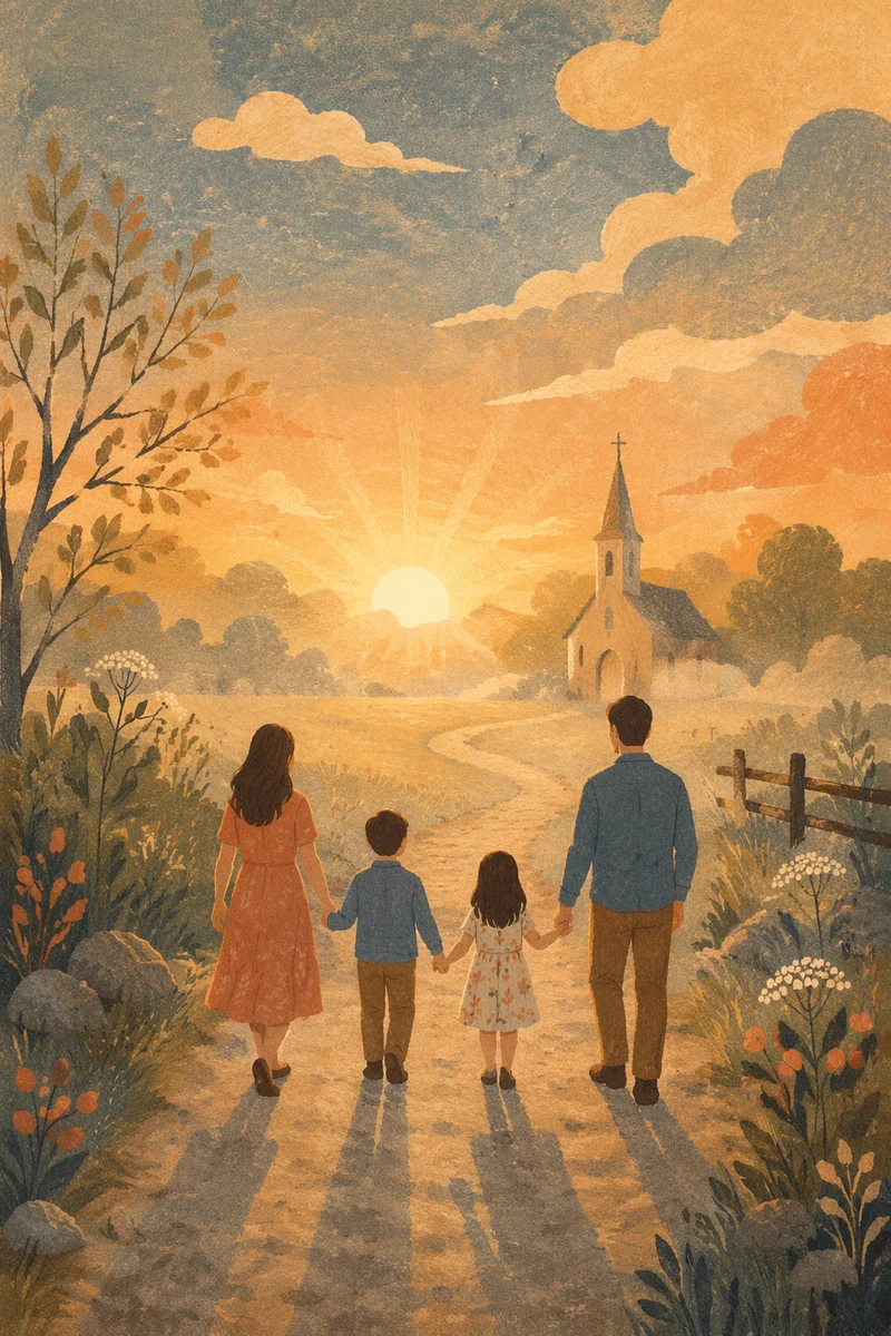 Family Walking Toward Church at Sunrise