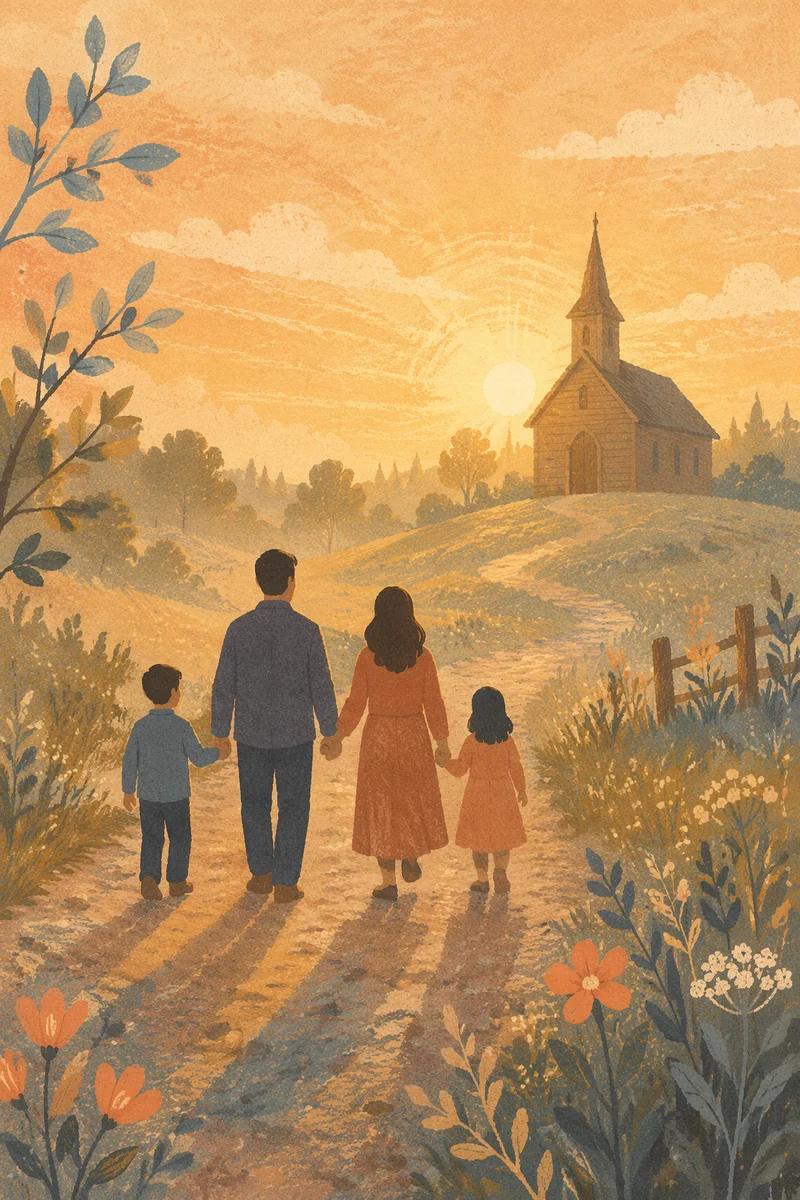 Family Walking Toward Chapel at Sunrise